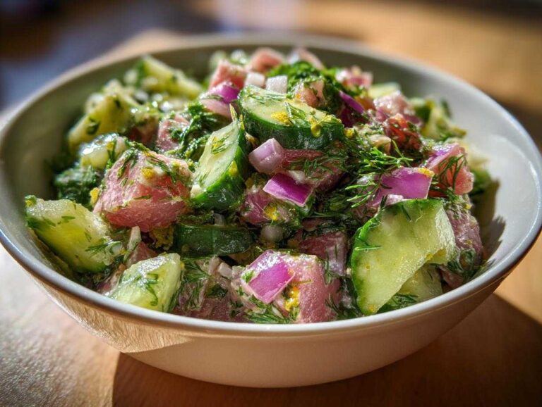 Close-up of a vibrant tuna cucumber salad in a white bowl, featuring chunks of tuna, sliced cucumbers, red onion, and fresh dill.