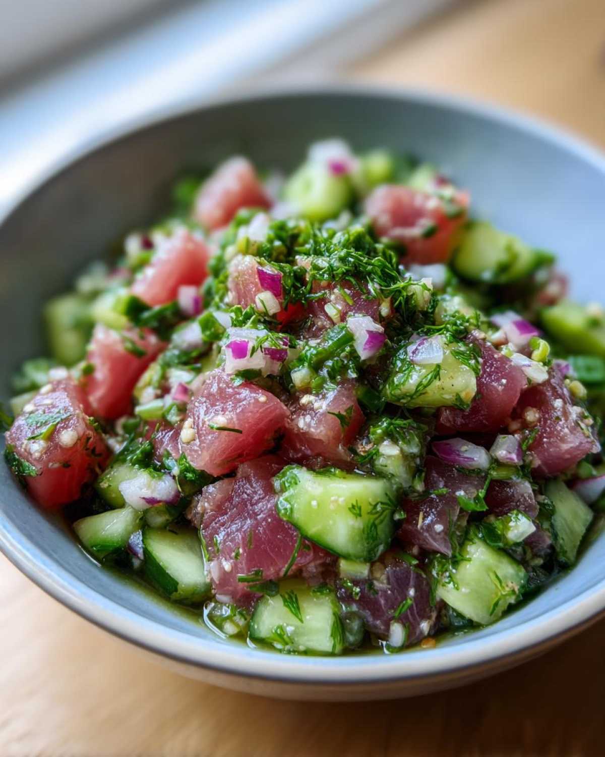 Close-up of a vibrant tuna cucumber salad in a light blue bowl, featuring diced tuna, cucumber, red onion, and fresh herbs.
