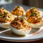 A close-up shot of several tuna deviled eggs on a white plate, garnished with paprika and chives.
