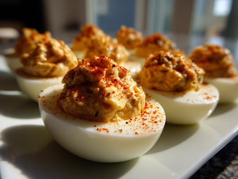 A close-up shot of several tuna deviled eggs on a white platter, generously sprinkled with red paprika.