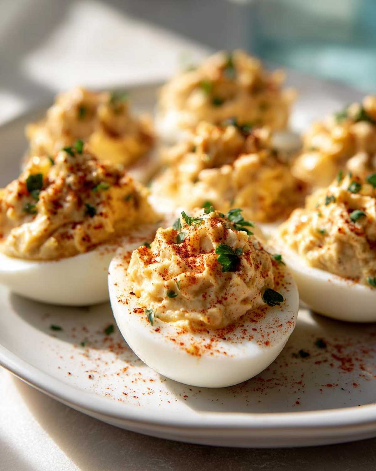A close-up shot of several tuna deviled eggs on a white plate, garnished with paprika and fresh parsley.
