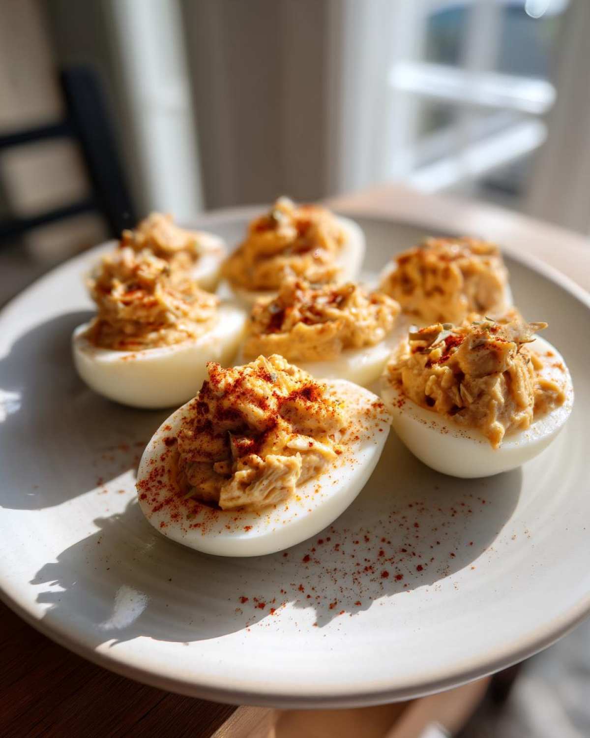 Close-up of a white plate with several tuna deviled eggs, garnished with paprika and herbs.