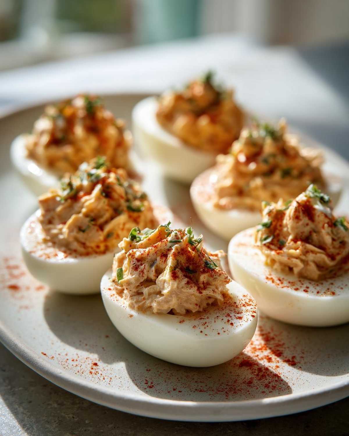 A close-up shot of several tuna deviled eggs on a light-colored plate, garnished with paprika and herbs.