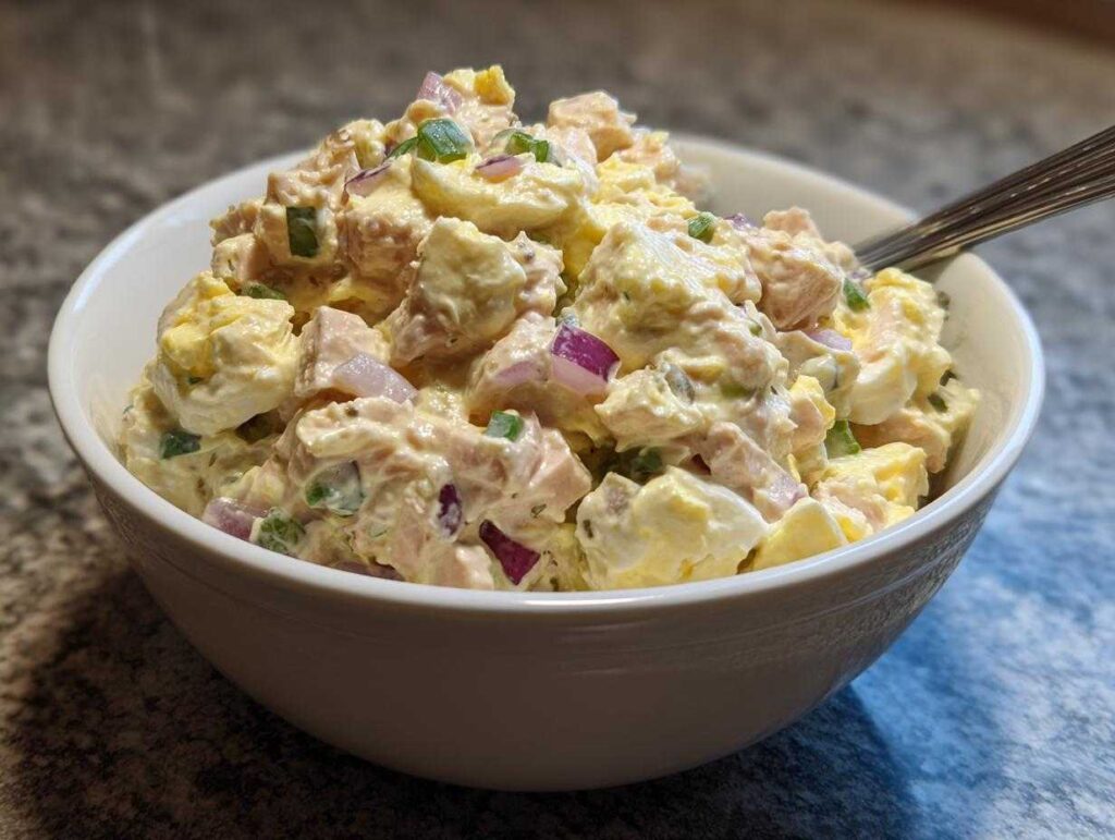 A close-up of a white bowl filled with creamy tuna egg salad, showing chunks of tuna, hard-boiled eggs, red onion, and green onion.