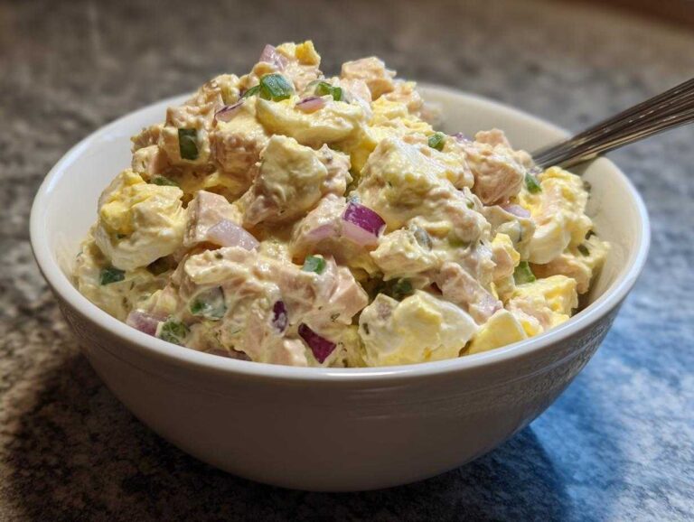 A close-up of a white bowl filled with creamy tuna egg salad, showing chunks of tuna, hard-boiled eggs, red onion, and green onion.