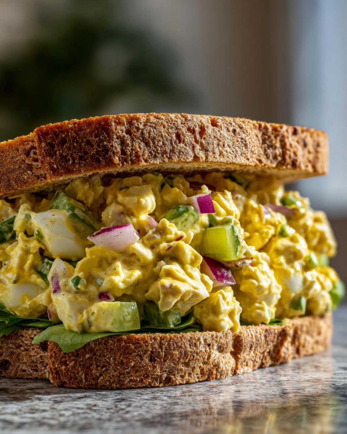 A close-up shot of a hearty tuna egg salad sandwich on whole wheat bread, showing the creamy filling with red onion and celery.