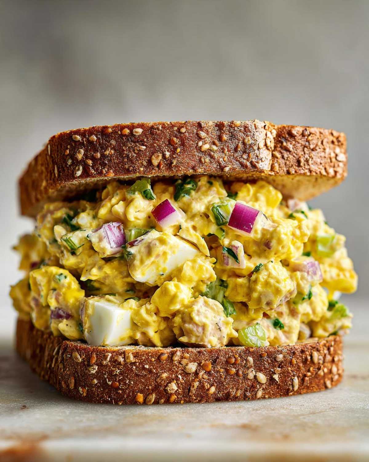 A close-up of a generously filled tuna egg salad sandwich with red onion and celery on whole wheat bread.