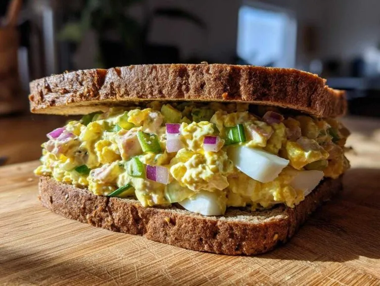 A close-up of a generously filled tuna egg salad sandwich on whole wheat bread, showing chunks of egg, red onion, and celery.