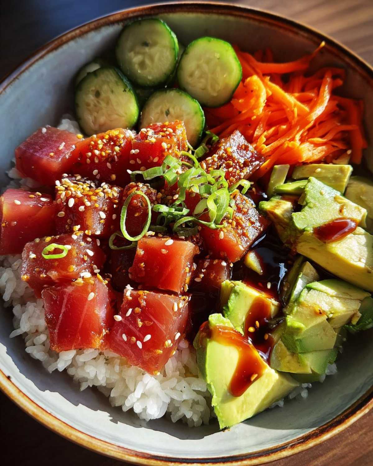 A close-up of a colorful tuna rice bowl featuring diced raw tuna, avocado, cucumber slices, and shredded carrots.