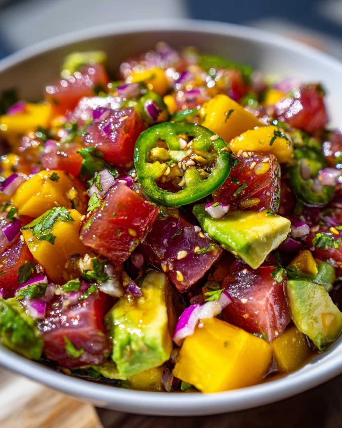 Close-up of colorful tuna ceviche in a white bowl, featuring diced tuna, mango, avocado, red onion, and jalapeño slices.