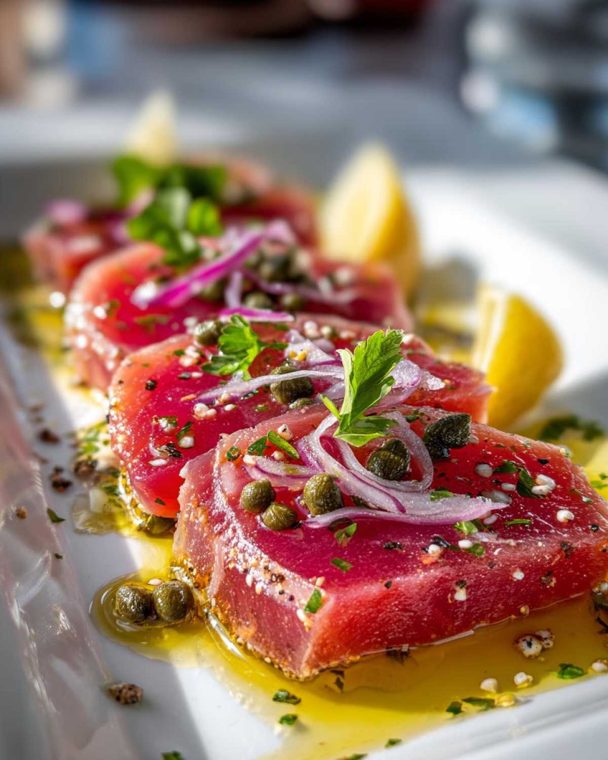 Close-up of fresh tuna crudo slices on a white plate, garnished with capers, red onion, parsley, and lemon wedges, drizzled with olive oil.