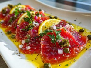 Close-up of vibrant red tuna crudo slices arranged on a white plate, garnished with capers, red onion, parsley, and lemon wedges, drizzled with olive oil.