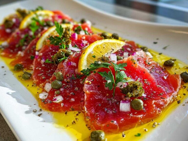 Close-up of vibrant red tuna crudo slices arranged on a white plate, garnished with capers, red onion, parsley, and lemon wedges, drizzled with olive oil.
