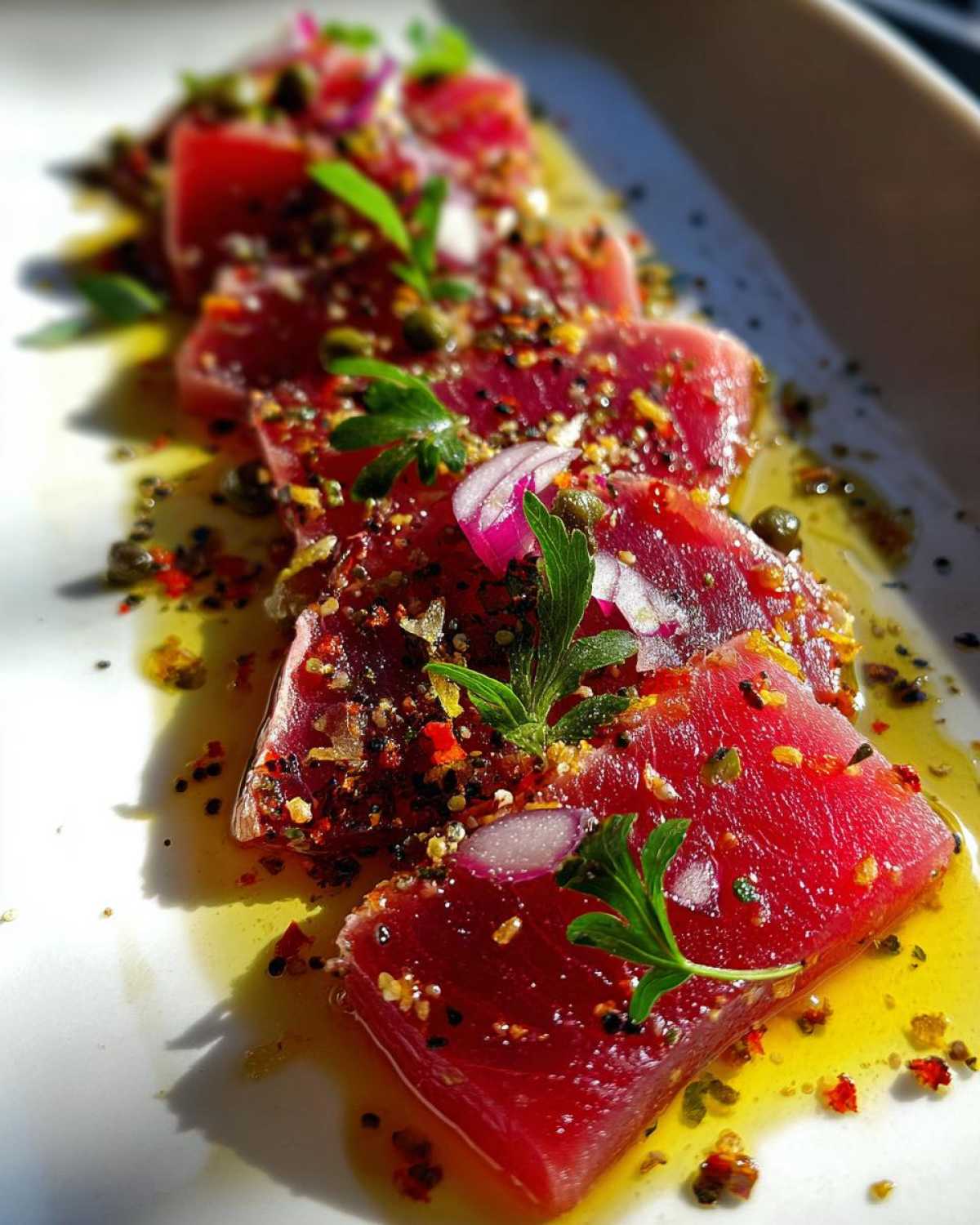Close-up of fresh tuna crudo slices, garnished with red onion, capers, herbs, and a colorful spice blend, drizzled with olive oil.