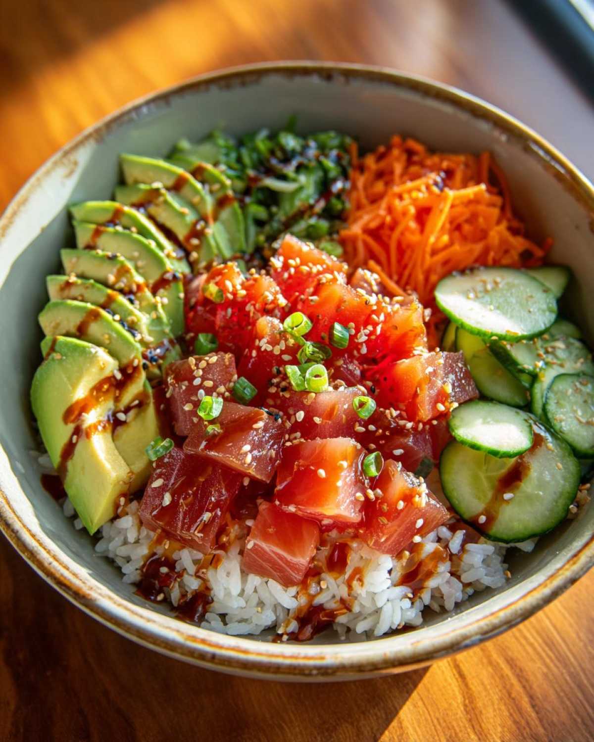 A colorful tuna rice bowl featuring diced tuna, sliced avocado, shredded carrots, cucumbers, and green onions, drizzled with sauce.