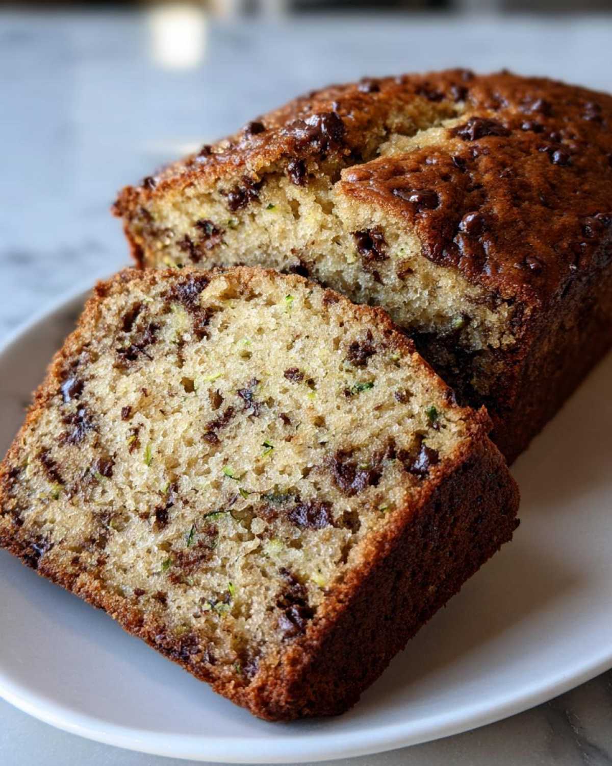 A slice of moist zucchini bread with chocolate chips, showcasing the texture and ingredients.