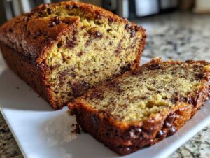 A loaf of moist zucchini bread with chocolate chips, partially sliced on a white plate.