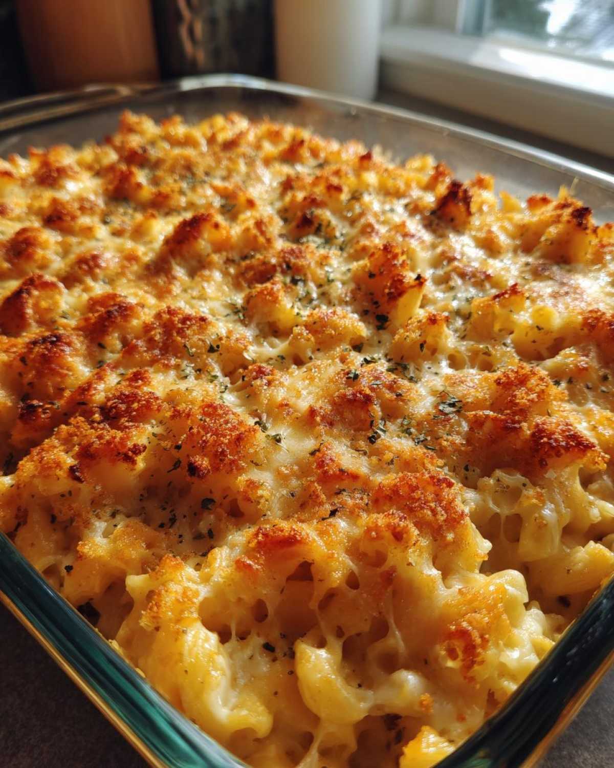 Close-up of bubbling, golden-brown 3-cheese Southern baked macaroni and cheese in a glass dish.