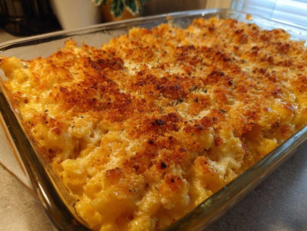Close-up of a golden-brown baked macaroni and cheese with a crispy breadcrumb topping.