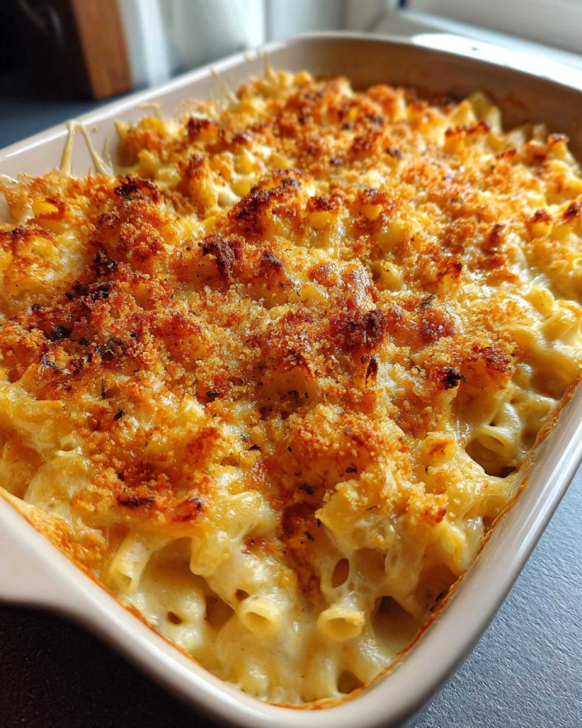 Close-up of a baking dish filled with creamy, golden-brown baked macaroni and cheese, topped with crispy breadcrumbs.