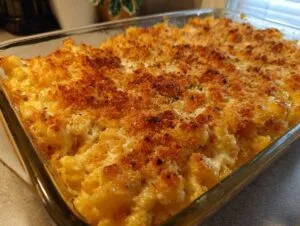 Close-up of a golden-brown baked macaroni and cheese with a crispy breadcrumb topping.