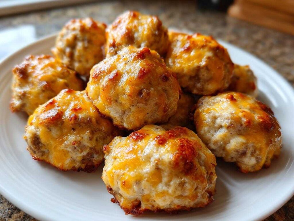 A close-up of a pile of golden-brown sausage balls topped with melted cheese.