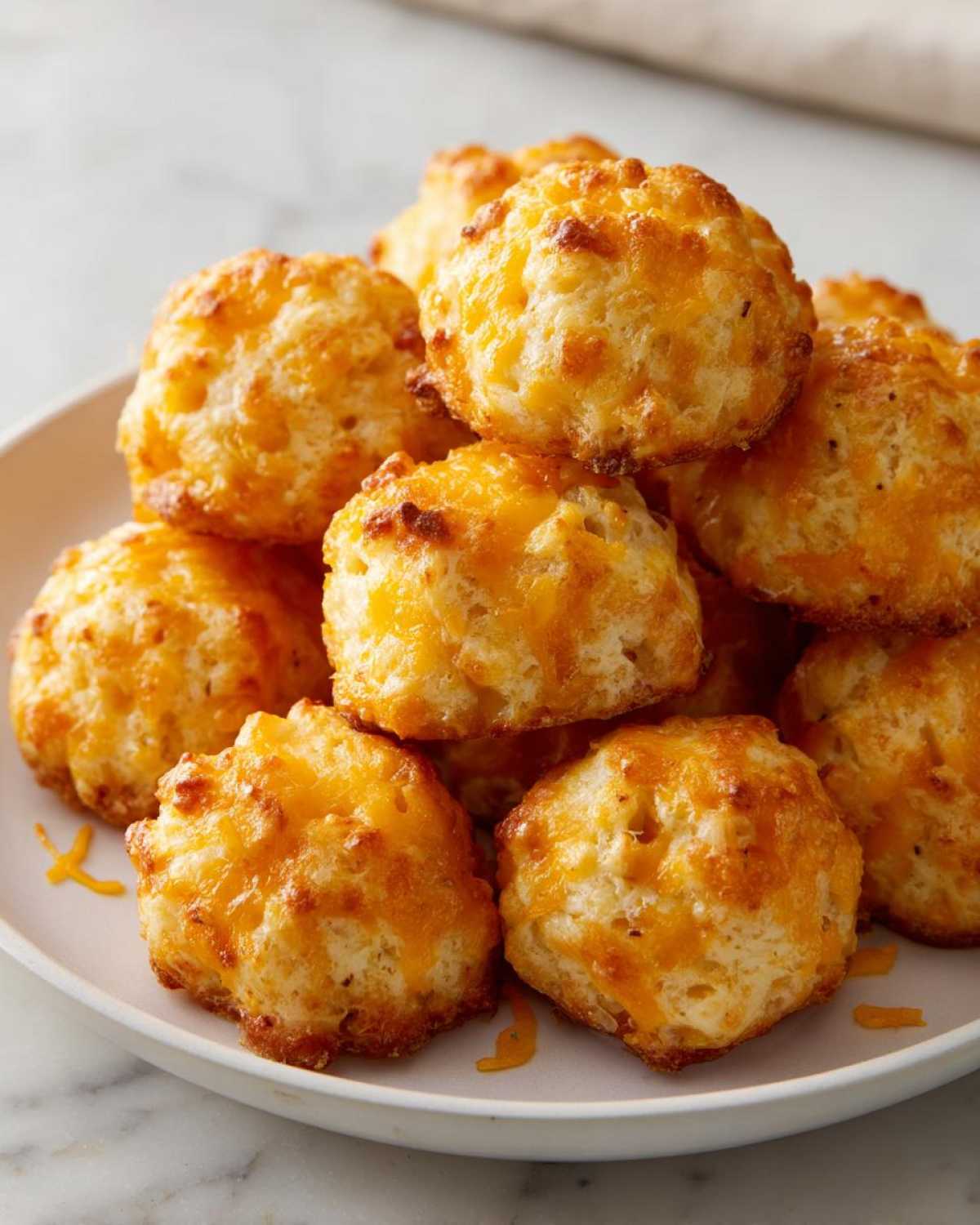 A close-up of a pile of golden brown sausage balls, topped with melted cheese.