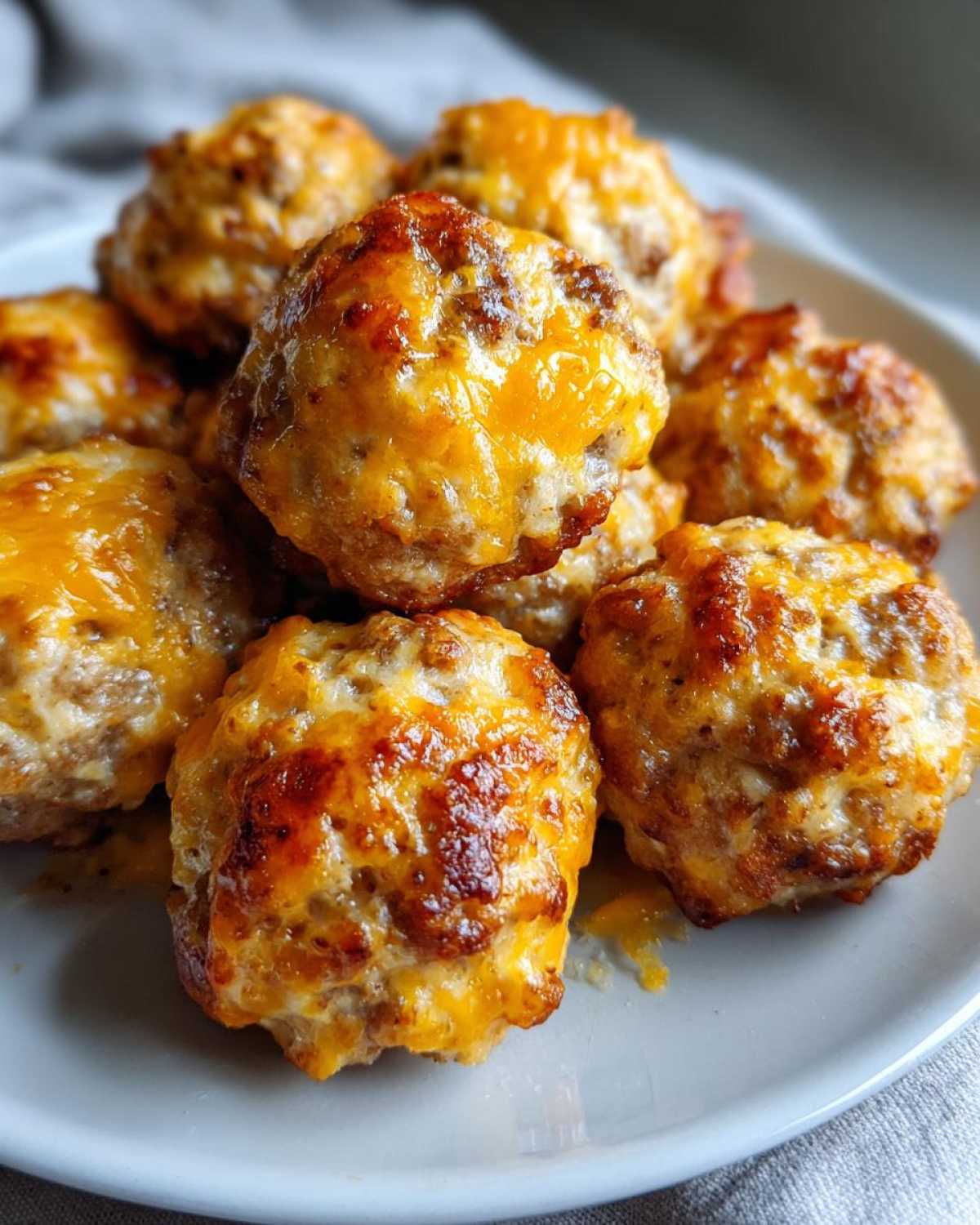 A close-up of delicious, golden-brown sausage balls topped with melted cheese.