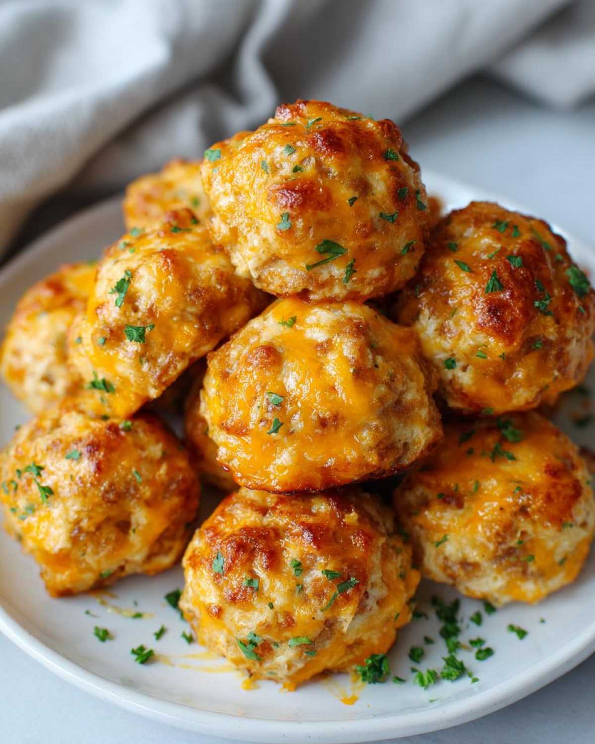 A close-up of a pile of golden-brown sausage balls topped with melted cheddar cheese and sprinkled with fresh parsley.