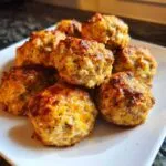 A close-up of a pile of golden brown, cheesy sausage balls on a white plate.