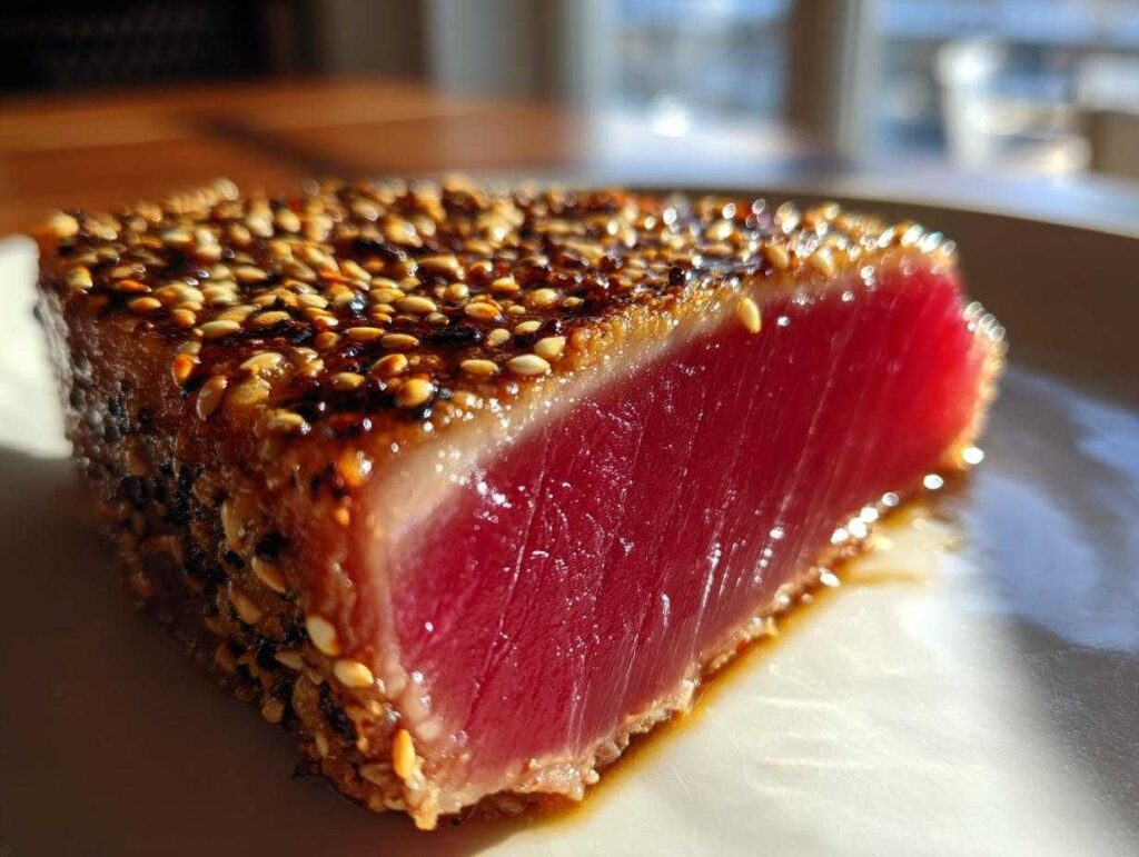 Close-up of a perfectly seared ahi tuna steak crusted with sesame seeds, showing the vibrant red center.