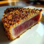 Close-up of a perfectly seared ahi tuna steak with a sesame seed crust, showing the raw center.