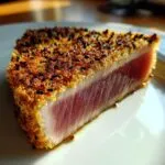 Close-up of a perfectly seared ahi tuna steak with a sesame seed crust, showing the raw center.