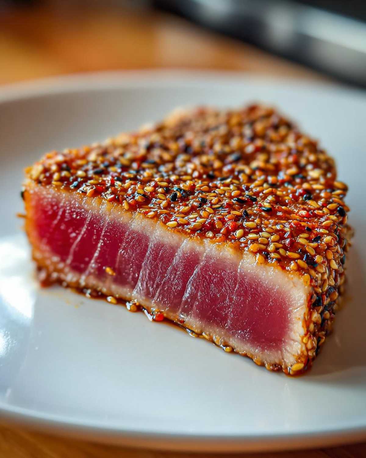 Close-up of a perfectly seared ahi tuna steak with a sesame seed crust on a white plate.
