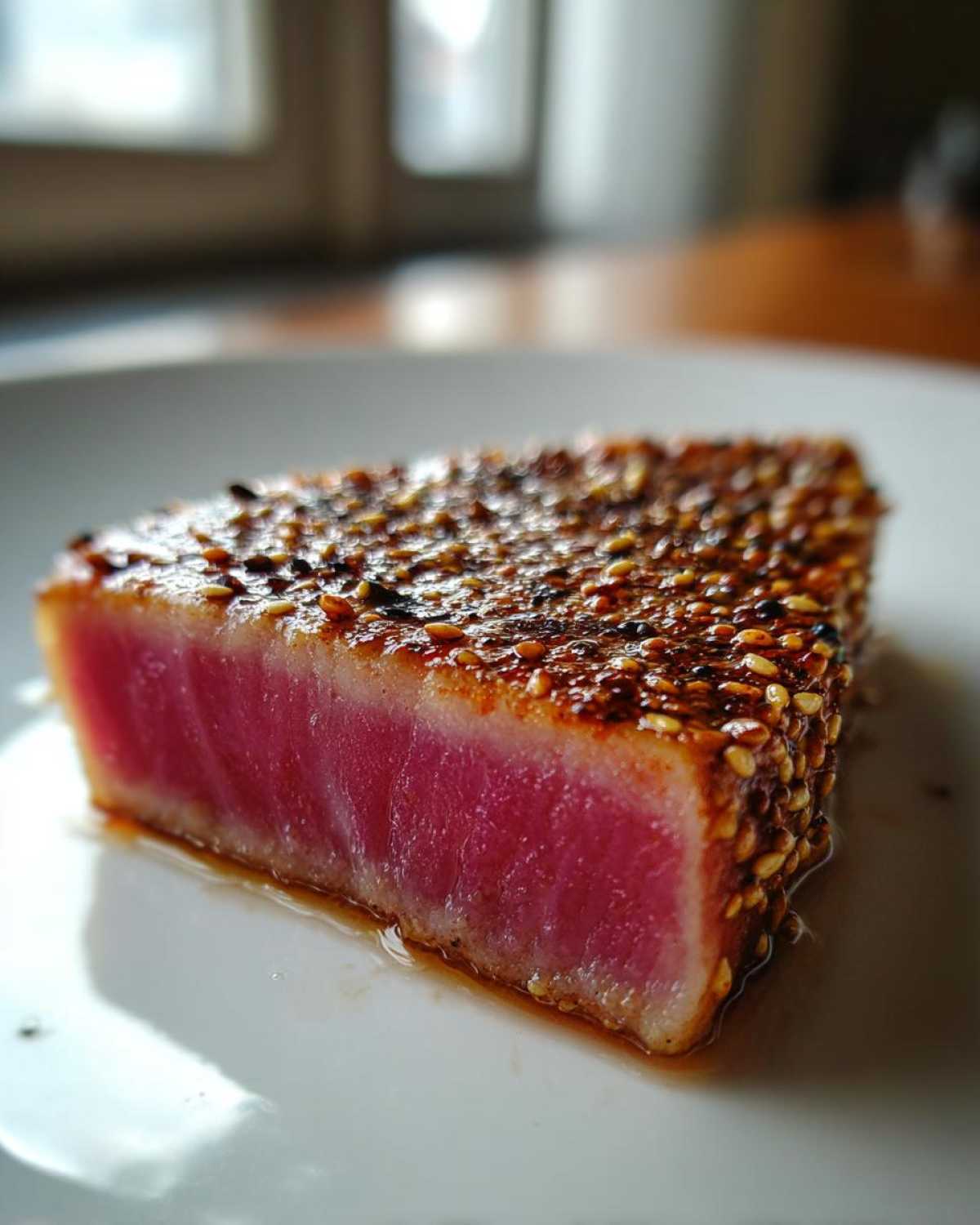 Close-up of a seared ahi tuna steak with a sesame seed crust, showing the vibrant pink center.