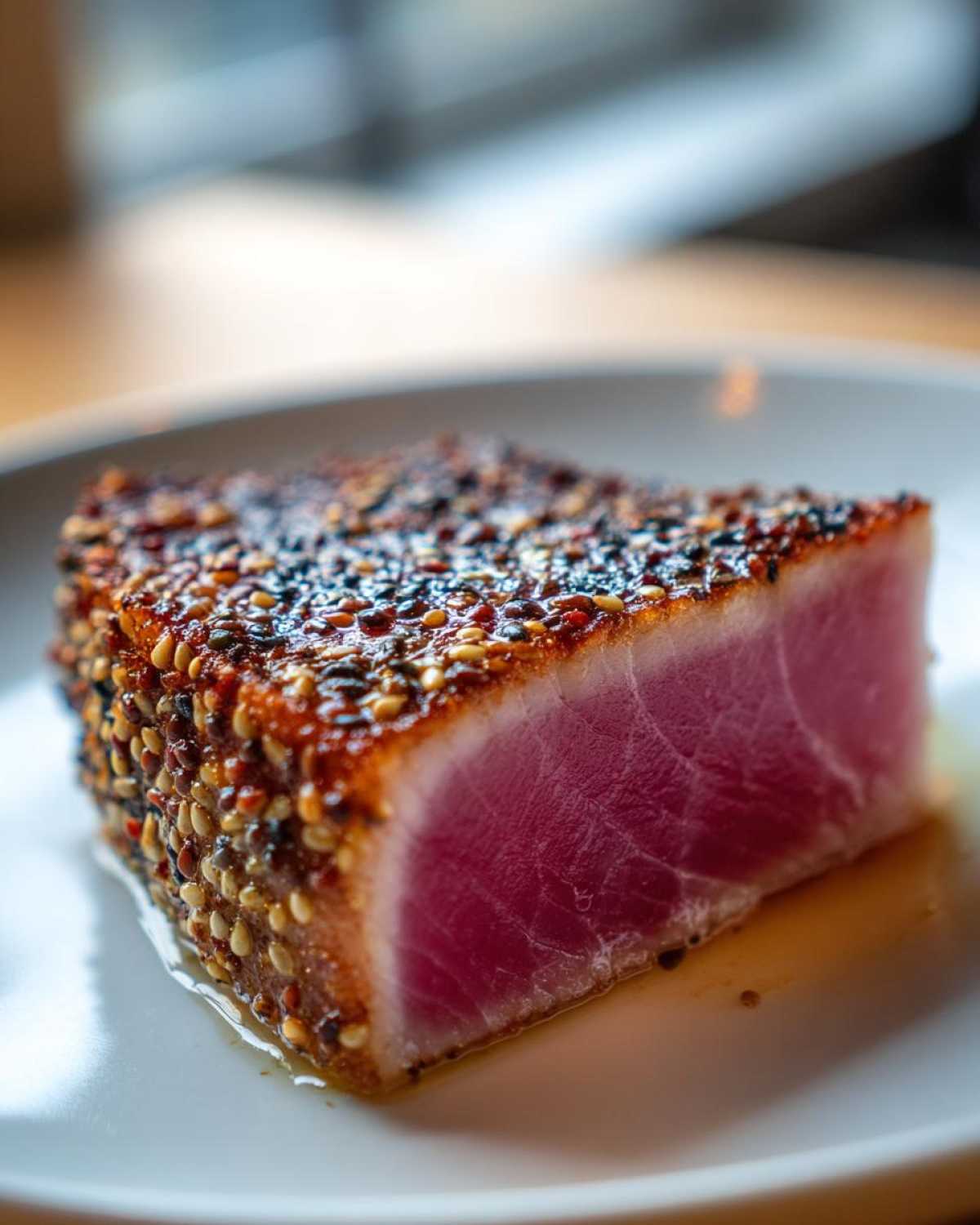 Close-up of a perfectly seared ahi tuna steak with a sesame seed crust on a white plate.