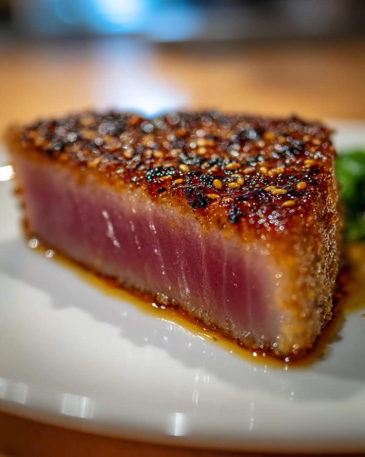 Close-up of a seared ahi tuna steak with a sesame seed crust, showing the rare center.