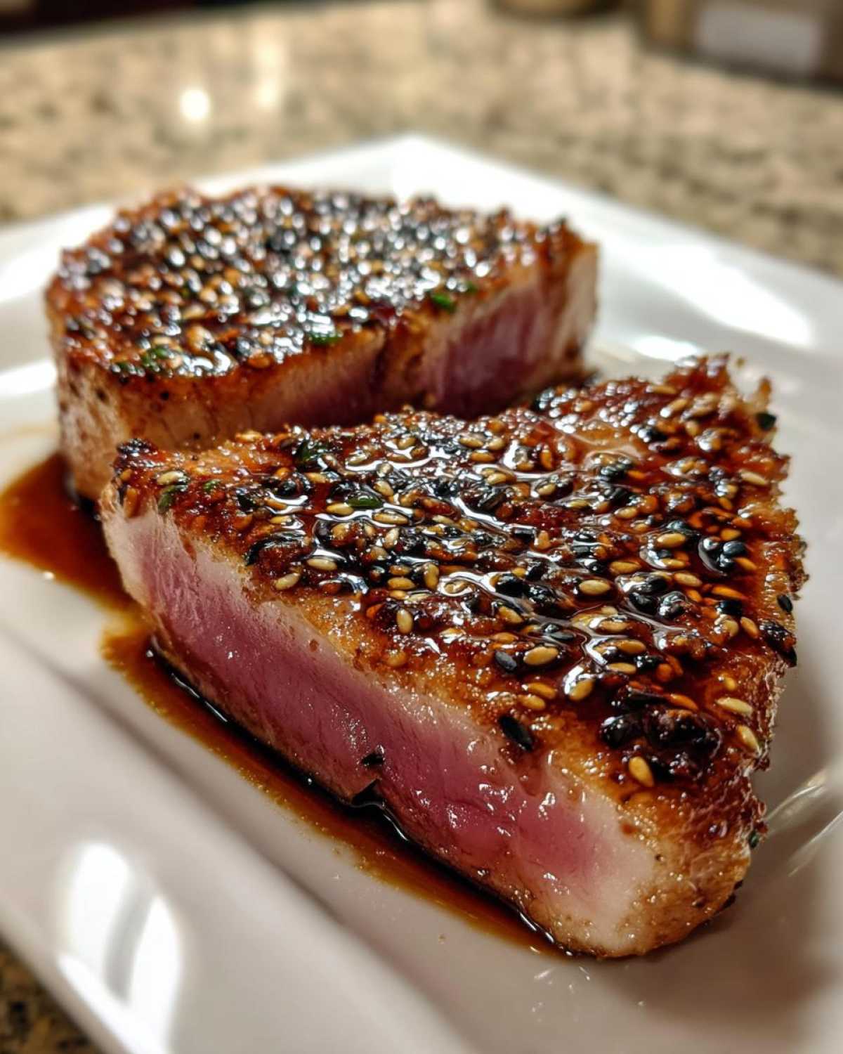 Two juicy tuna steaks in air fryer, glazed with sesame seeds and sauce, served on a white plate.