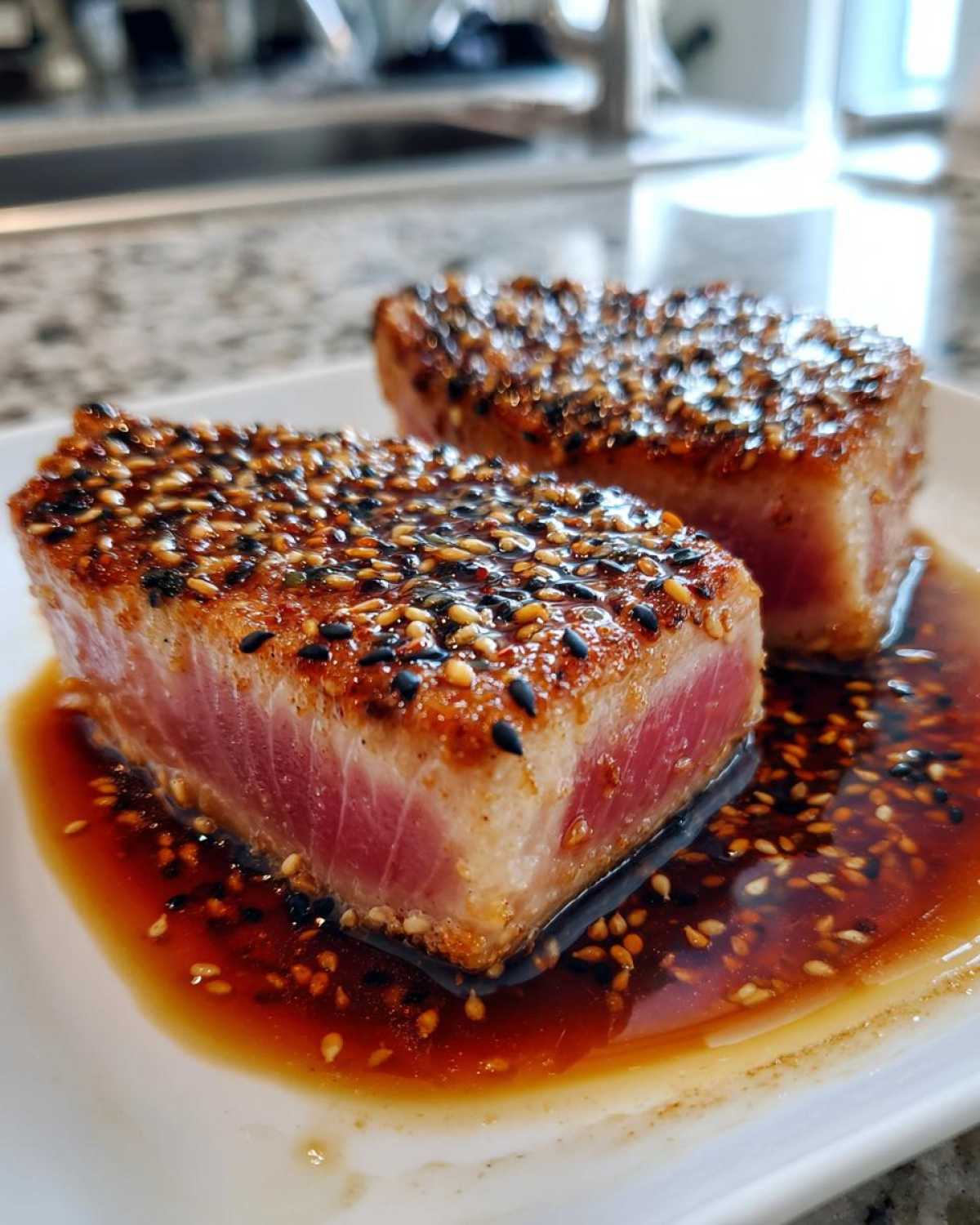 Two perfectly seared tuna steaks in air fryer, topped with sesame seeds and a flavorful sauce.