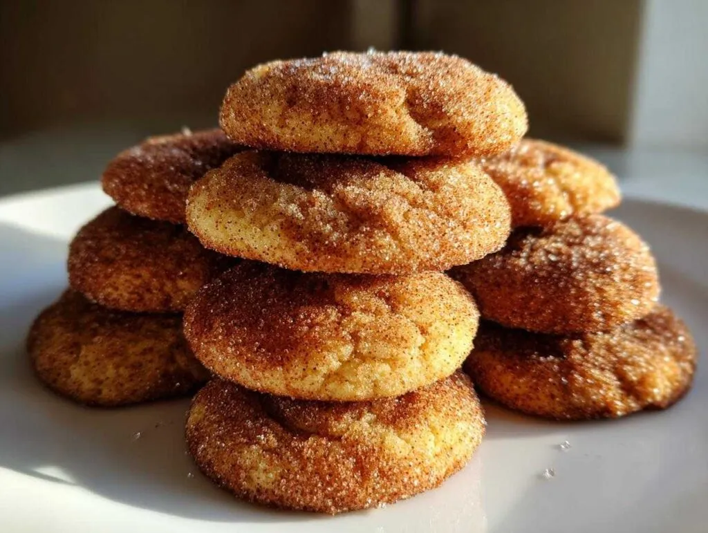 A stack of soft apple cider cookies coated in cinnamon sugar on a white plate.