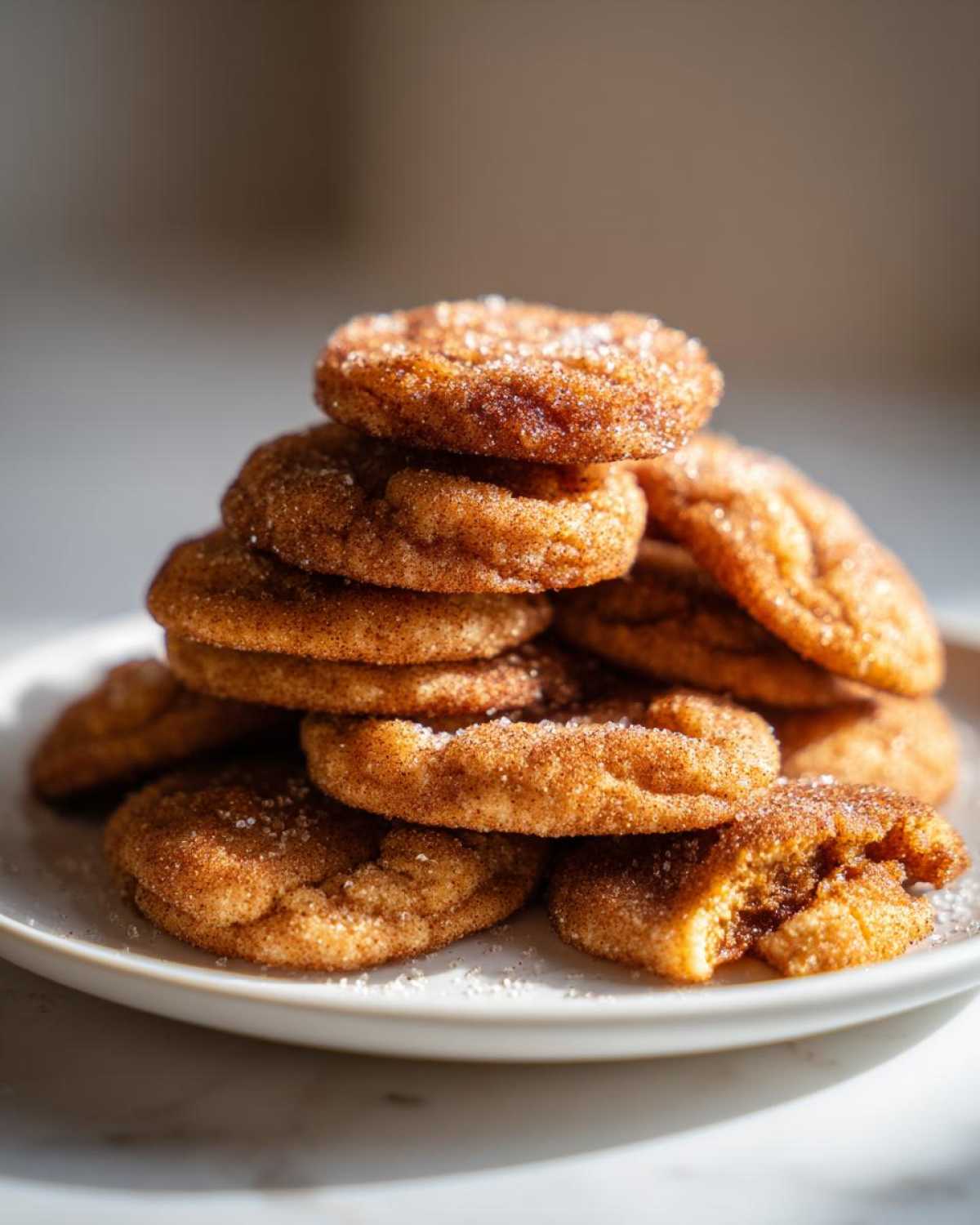 A stack of soft apple cider cookies coated in cinnamon sugar on a white plate.