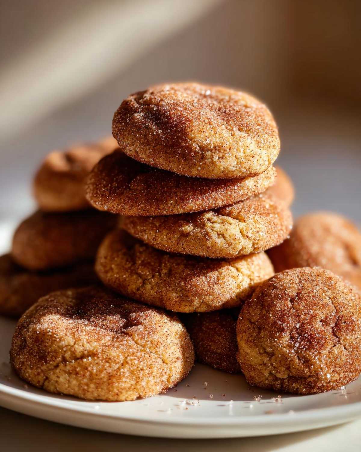 A stack of soft apple cider cookies coated in cinnamon sugar, ready to be enjoyed.