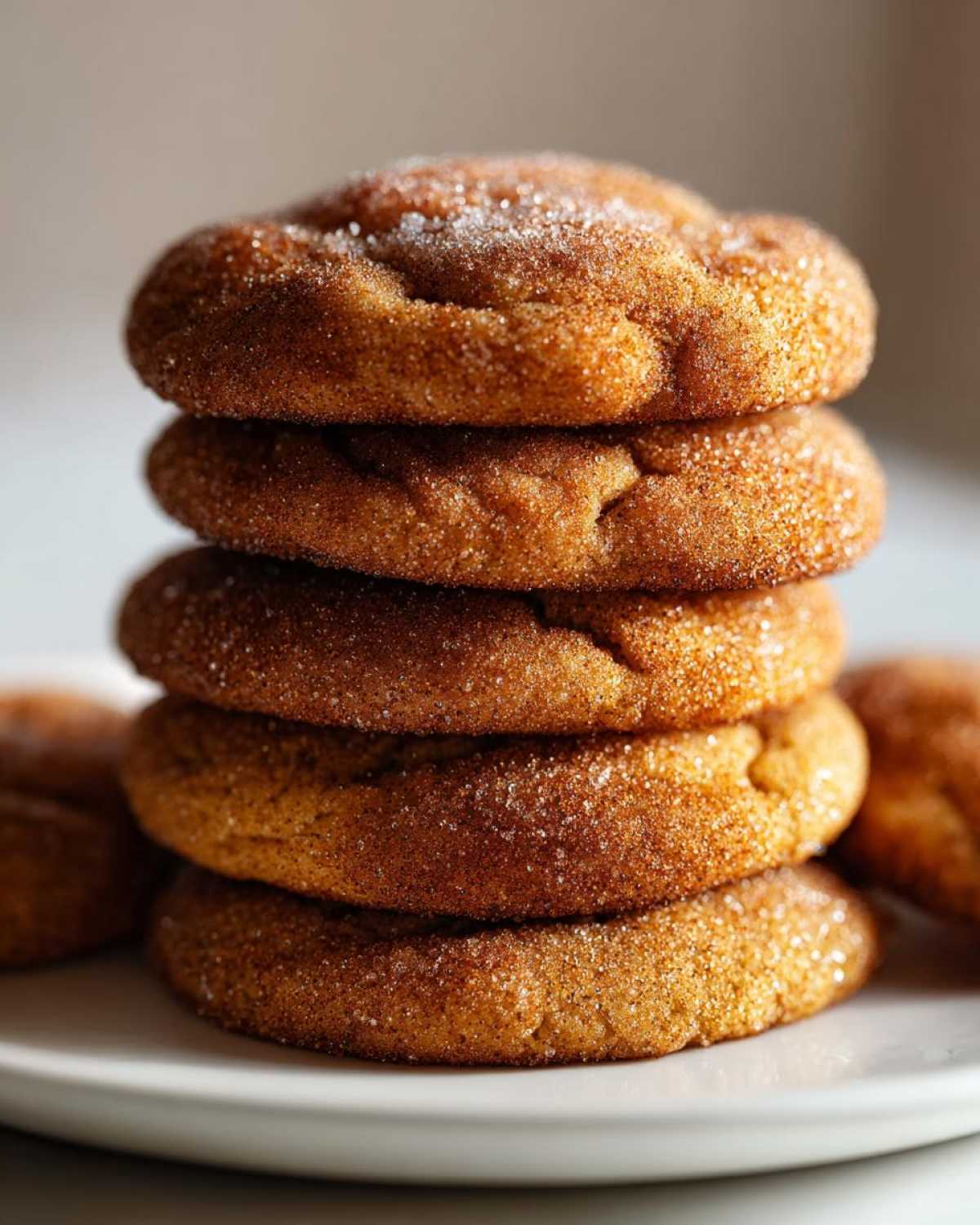 A stack of four soft apple cider cookies, coated in sugar, on a white plate.