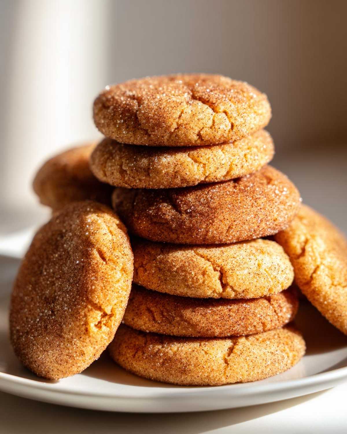 A stack of soft apple cider cookies, coated in cinnamon sugar, on a white plate.