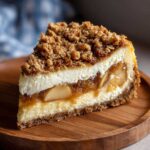 A slice of apple crisp cheesecake showing layers of crust, cheesecake, apple filling, and crisp topping.