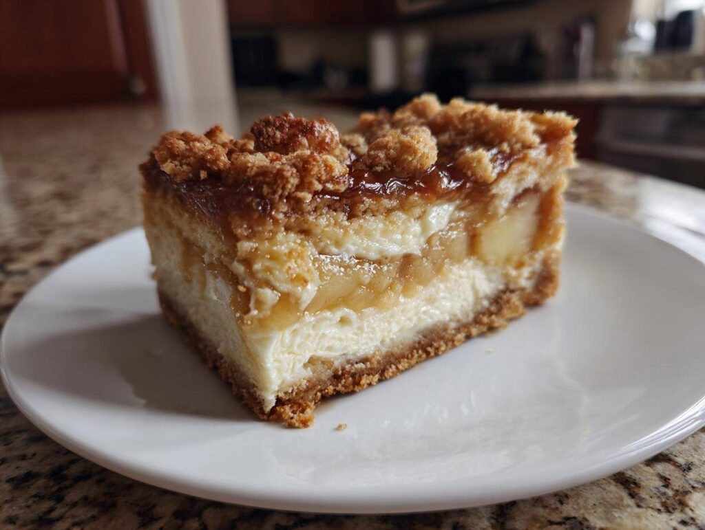 A slice of apple crisp cheesecake on a white plate, showcasing layers of cheesecake, apples, and a crisp topping.