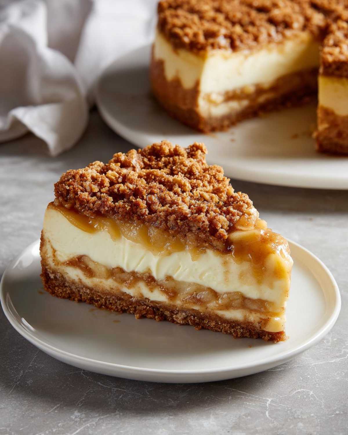 A slice of apple crisp cheesecake with layers of graham cracker crust, cheesecake filling, apple filling, and crisp topping.