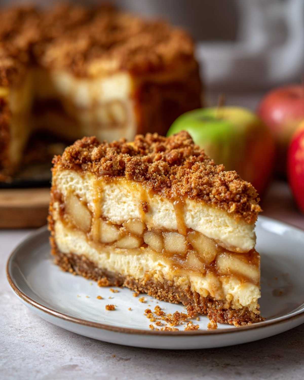 A delicious slice of apple crisp cheesecake with layers of apples, cheesecake, and a crisp topping.
