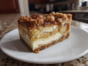 A slice of apple crisp cheesecake on a white plate, showcasing layers of cheesecake, apples, and a crisp topping.