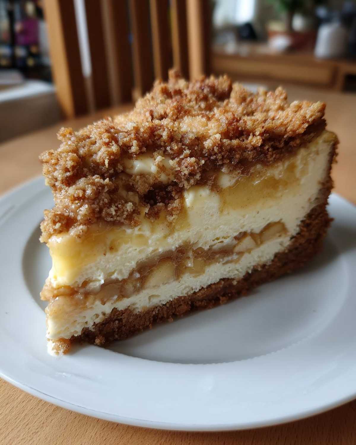 A delicious slice of apple crisp cheesecake with layers of apple filling and a crumbly topping.